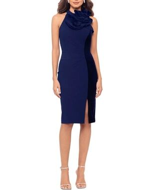 Betsy & Adam Ruffled Halter Velvet-Trim Sheath Dress 6